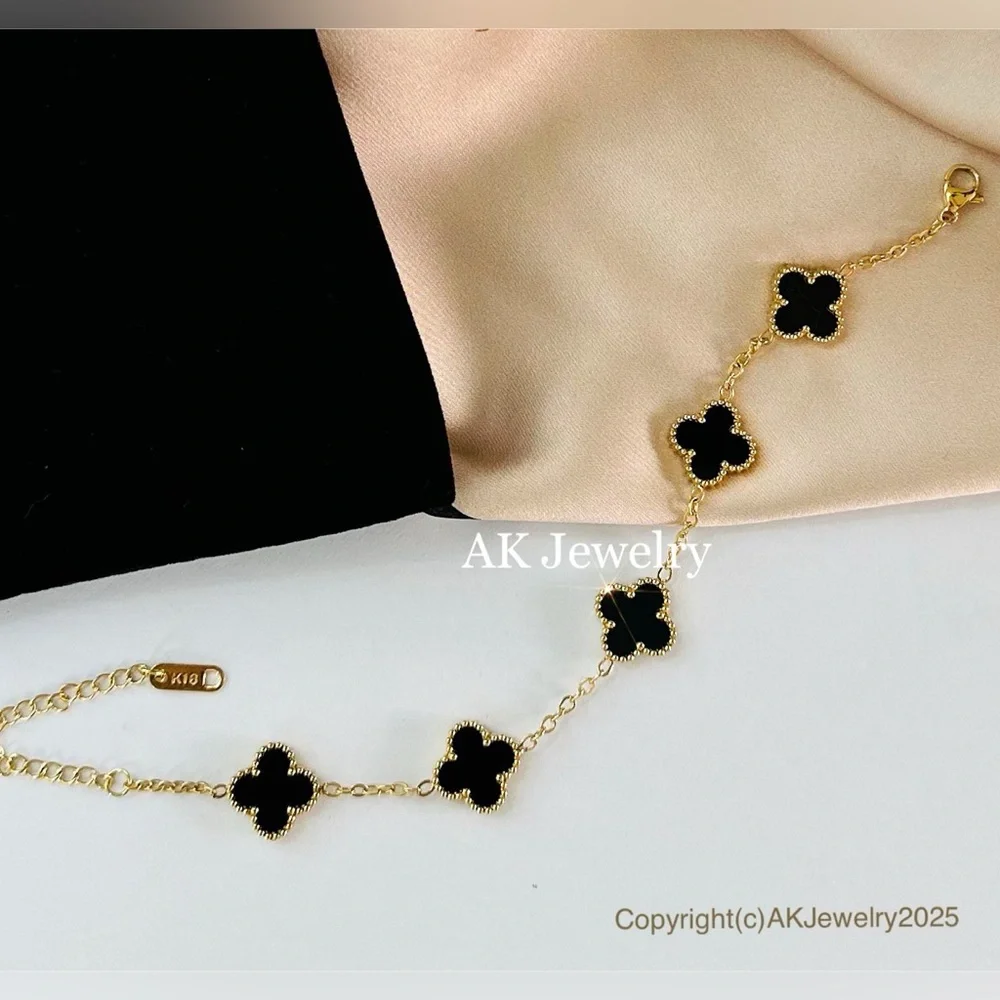 💎18k LUXURY QUATREFOIL Clover 5 Motif Bracelet, Onyx Black Stainless Steel